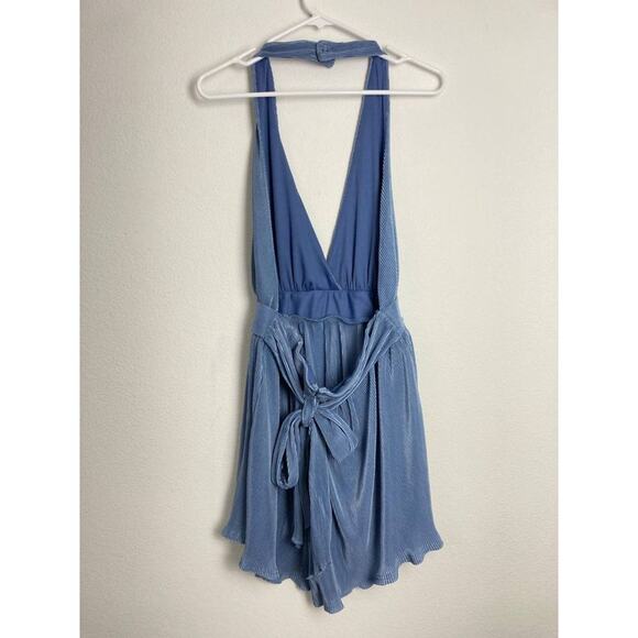 Fashion Nova Blue Romper Paulina Plissé Jumpsuit Halter Sexy Open Extra Large XL - Picture 6 of 15